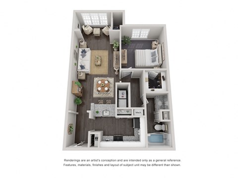 Floor plan for 1 bed, 1 bath, 811 sqft